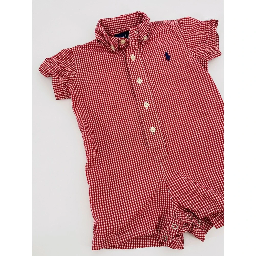 Ralph Lauren Romper 9M Red Gingham Check Button Front Short Sleeve Polo Pony